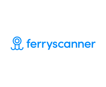 Ferryscanner logo featuring blue text and a stylized periscope icon on a black background.
