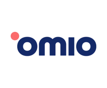 Omio travel booking platform logo with dark blue lowercase text and a salmon pink dot on a black background.