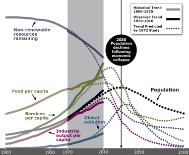 Graph comparing Meadows et al. simulations with the real data of the 1970-2010 period