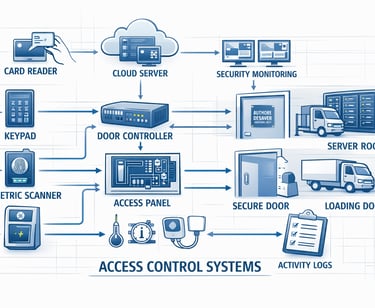 Access control system diagram illustrating card readers, keypads, biometric devices, door controller
