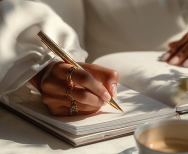 a woman's hand holding a pen and writing on a notebook