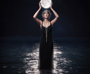 femme qui se tient dans l'eau, la nuit, et tient la pleine lune dans ses mains