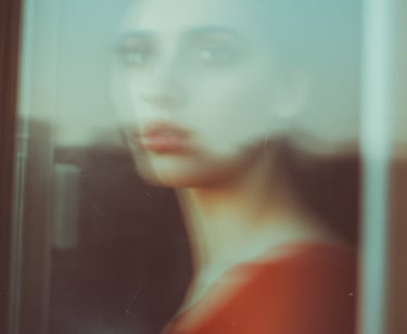 Femme au regard distant derrière la fenêtre 