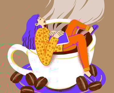 woman sleeping in a steaming cup of coffee, some coffee beans on the side.