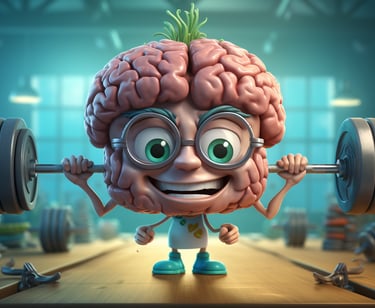 Cerveau heureux s'entrainant avec haltère symbolisant l'entraînement par neurofeedback 