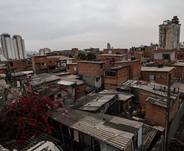 a city view of a city with a train passing by