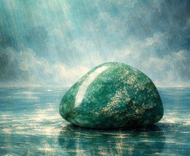 Piedra verde pulida sobre agua como símbolo de materialidad visual.