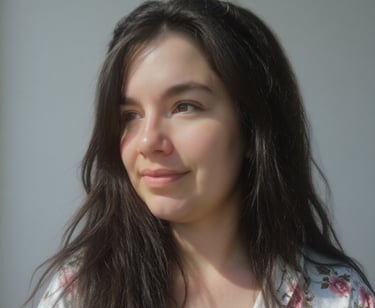 a woman with long hair and a flowered shirt