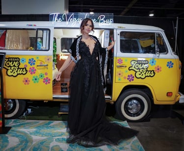 Beautiful model in front of a love bus in a wedding gown by Bartolini in Las Vegas