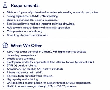 Welder Jobs Netherlands – Requirements/What We Offer