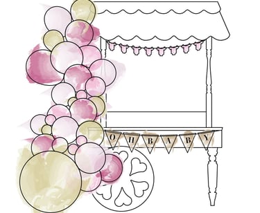Watercolor illustration of a candy cart with pink balloon garland and Oh Baby bunting flags.