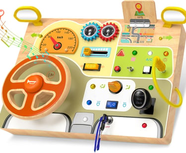Wooden Montessori steering wheel busy board for toddlers with car dashboard activities and gears.