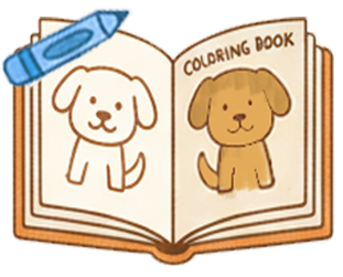 a coloring book with a drawing of a dog and a crayon
