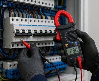 Diagnostic et contrôle d’un tableau électrique avec un multimètre par un électricien qualifié.
