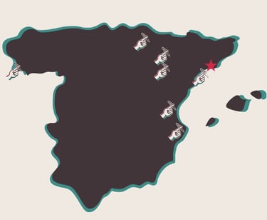 Mapa de la península española con dedos apuntando las comunidades que forman parte de Shag Around