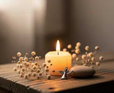 a lit candle next to an angel figure symbolizing remembrance of a miscarriage or a pregnancy loss