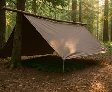 Tarp shelter setup in a forest with sunlight shining through trees