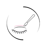 Icon showing eyelid surgery procedure with a surgical tool and incision line on a closed eye.