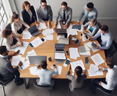 A diverse team collaborating around a modern office table with laptops and digital charts.