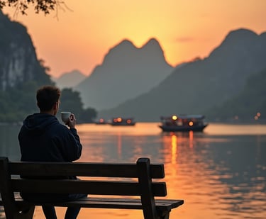 a man sitting on a bench with a cup of coffee near Dalyan channel at sunset