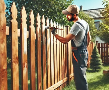 A man in overalls and a cap paints a wooden fence with a brush in a sunny backyard, surrounded by gr