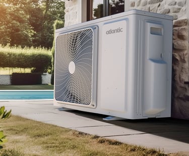 unité extérieure à côté de piscine avec gazon, haie et arbre