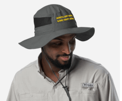 Man in a gray gardening hat