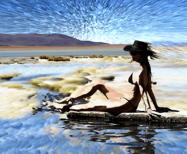 a model in a bikini top sitting on a log