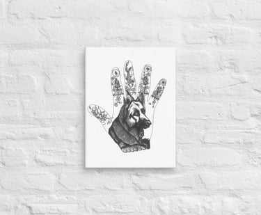 Gepersonaliseerde handomtrek tekening met hond geprint op canvas hangt aan muur