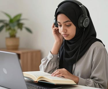 A professional female teacher in a green hijab guiding a student through Quranic recitation on a laptop screen.