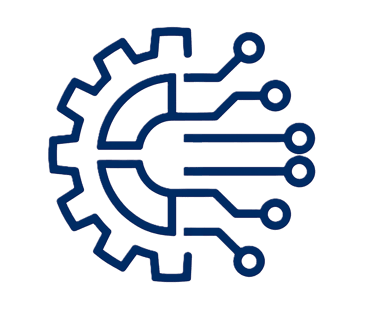 Blue digital gear icon representing technology, automation, and industrial solutions.
