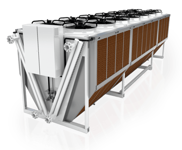 Industrial dry cooler with adiabatic cooling pads and multiple fans