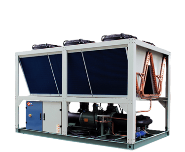 Industrial air-cooled chiller system with fans and copper piping