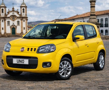 carro pequeno Fiat Uno amarelo em praça histórica