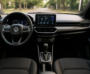Interior do Fiat Pulse visto do banco traseiro, com painel digital, central multimídia, câmbio CVT e