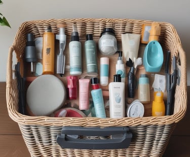 Pet grooming supplies in a wicker basket