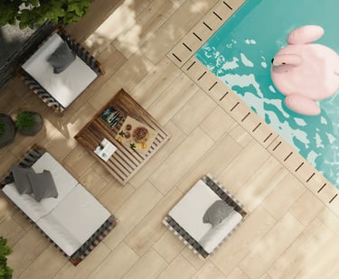 Medžio imitacijos plytelės terasai