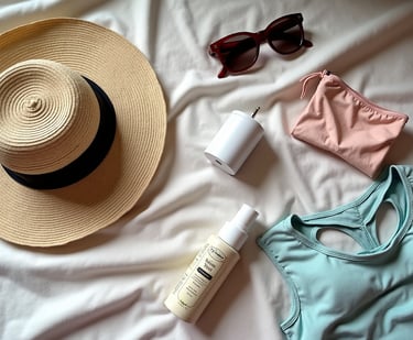 a hat, tshirt, cup and eyeglasses on the bed