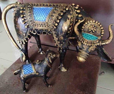 "Brass cow and calf sculpture–blue painted tribal design–mother and child home decor-for foreign markets"