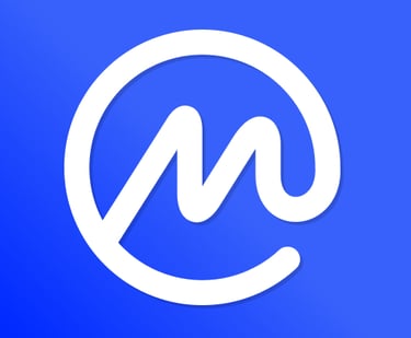 a white and blue logo with a white and blue background