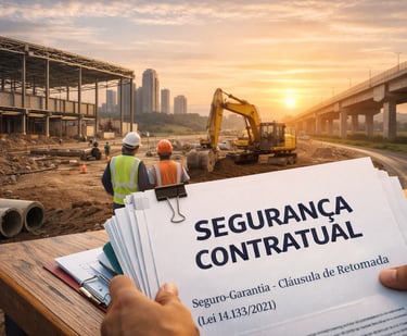 Documentos de segurança contratual em obra com escavadeira, trabalhadores e estrutura em construção 