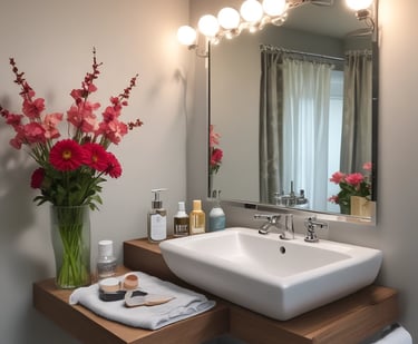 A bathroom featuring a  countertop with a white sink and chrome faucet, a large mirror reflecting the room, and various toiletries including a can and several packets on a tray. In the background, there is a bathtub with a showerhead and a towel draped over the edge. A floral arrangement is placed on the left side near a tiled wall.