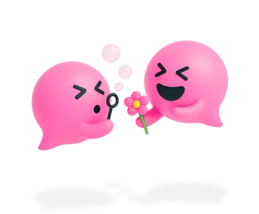 Blabit bubble with closed happy eyes blowing bubbles while giving a flower to another smiling Blabit bubble