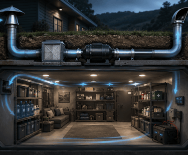 Diagram of an underground survival bunker showing an advanced air filtration and ventilation system.