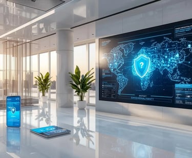 Luxury cybersecurity office with antivirus dashboard, global network map and blue digital protection shields