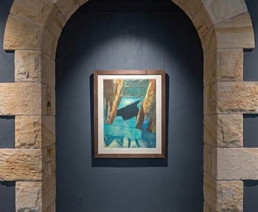 Titanic by Coby Hurtak. Abstract lithograph of a dark wreck amidst teal water and brown rust.