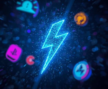 Glowing blue neon lightning bolt icon surrounded by digital tech symbols representing high speed energy and power.