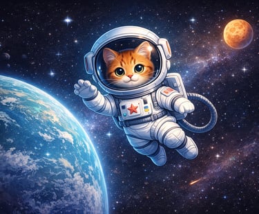Imagem gerada por IA de um gato astronauta flutuando no espaço exemplo de prompt para criação 