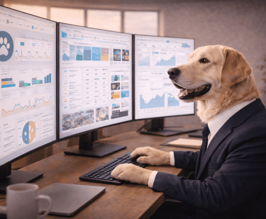 A golden retriever in a business suit analyzing data on three large computer monitors in an office.