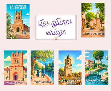 Collection d'affiches vintage, représentant les clochers du Lauragais et le canal du midi.